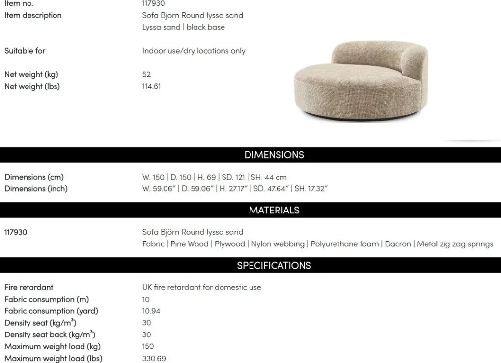 Canapea design modern Bjorn Round, Lyssa sand