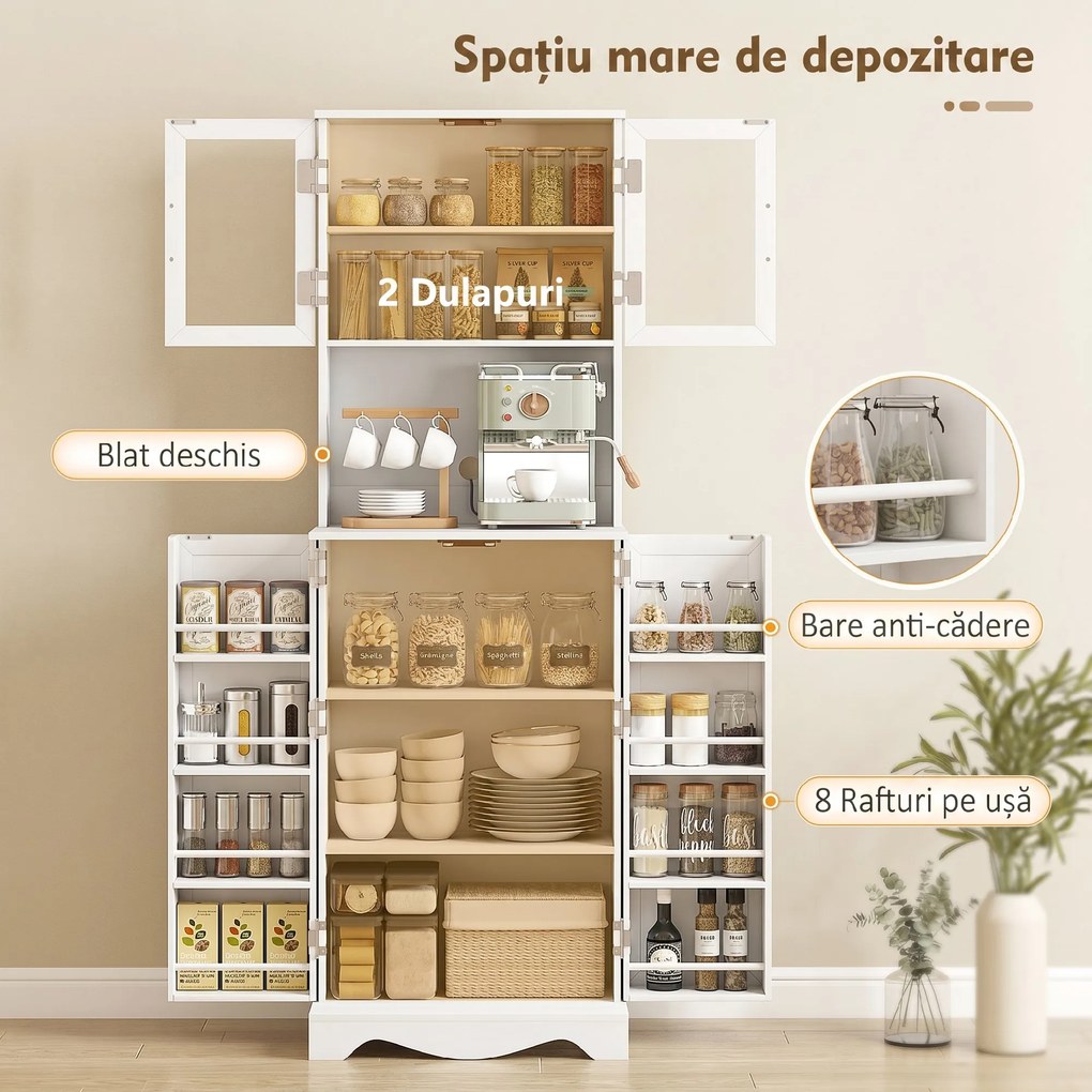 HOMCOM Mobilă de Depozitare pentru Bucătărie cu 2 Dulapuri și 8 Rafturi, din Lemn și Acrilic, 60x39.5x179.6 cm, Alb | Aosom Romania