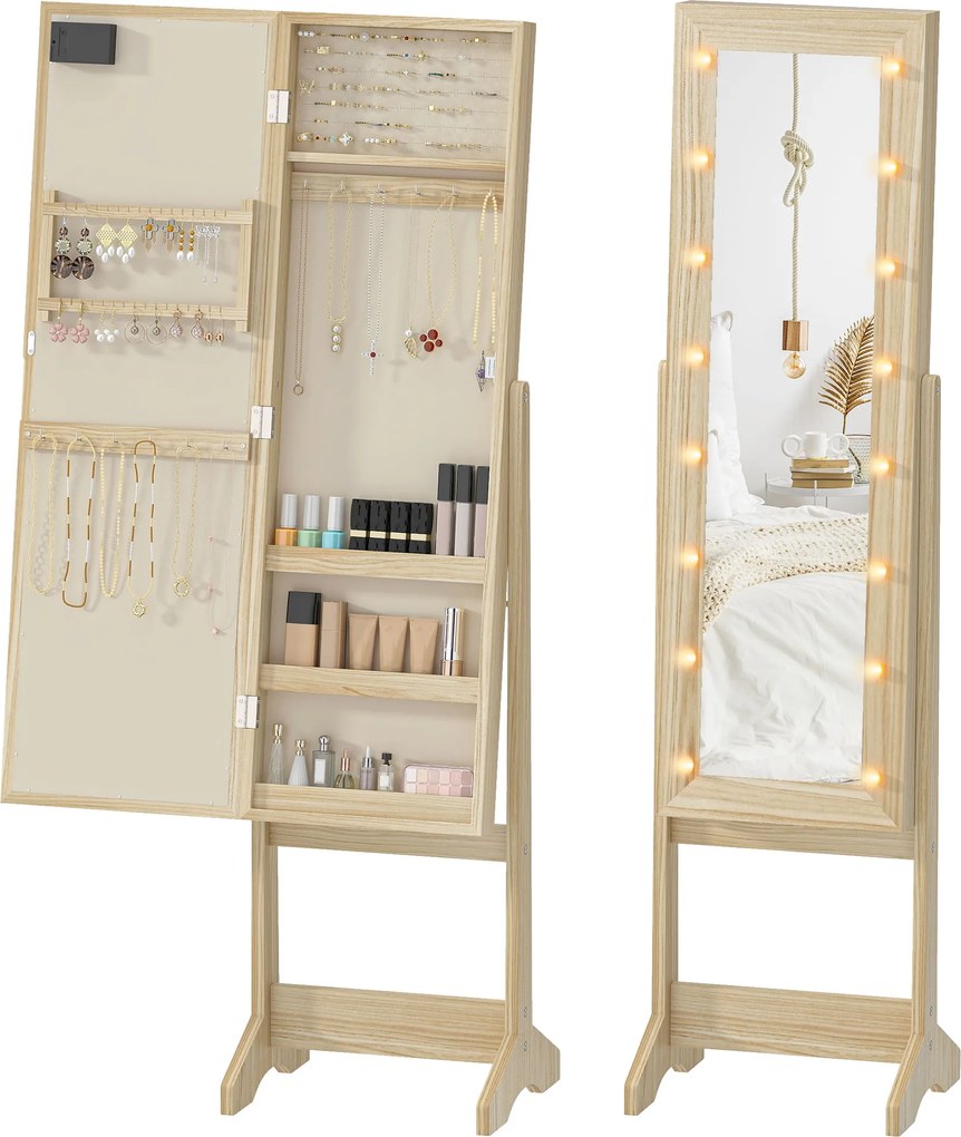 HOMCOM Oglindă Joyero cu Lumini LED Dulap pentru Bijuterii Dulap Joyero de Podea cu Oglindă Integrală Unghi Reglabil Lemn Natural | Aosom Romania