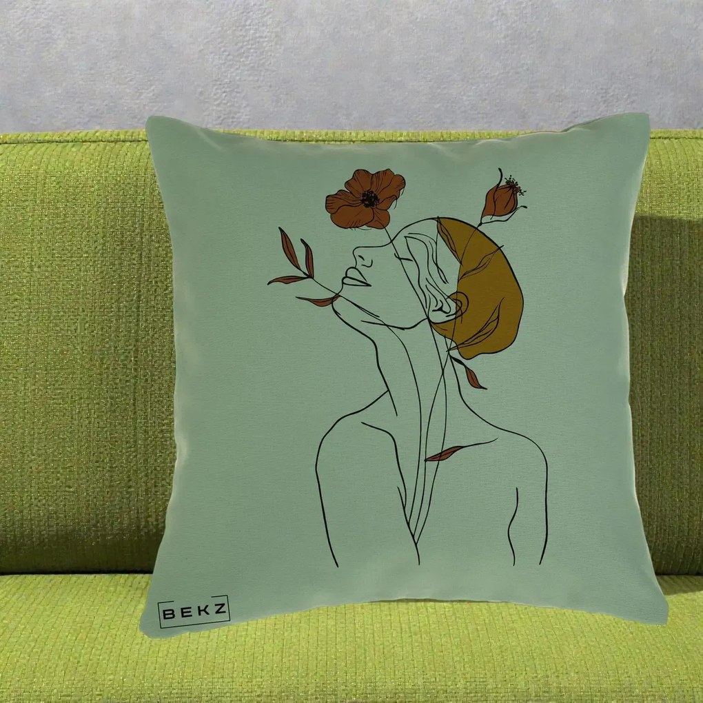 Perna Decorativa Portret Feminin Mac Privire Inalta, 40x40 cm, Verde, Husa Detasabila, Perna Inclusa, BEKZ®