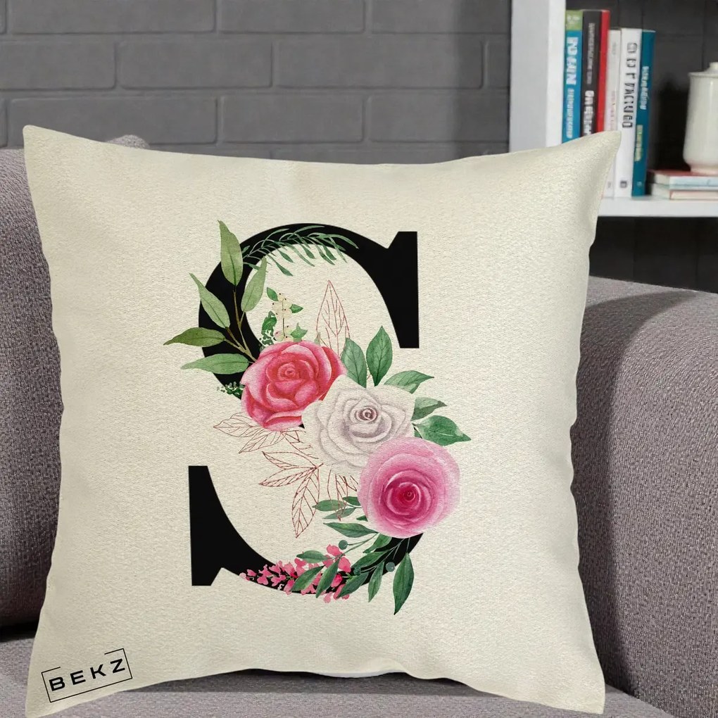 Cadou Personalizat - Perna Personalizata Monograma Florala Litera S, 40x40 cm, Ecru, Husa Detasabila, Perna Inclusa, BEKZ®