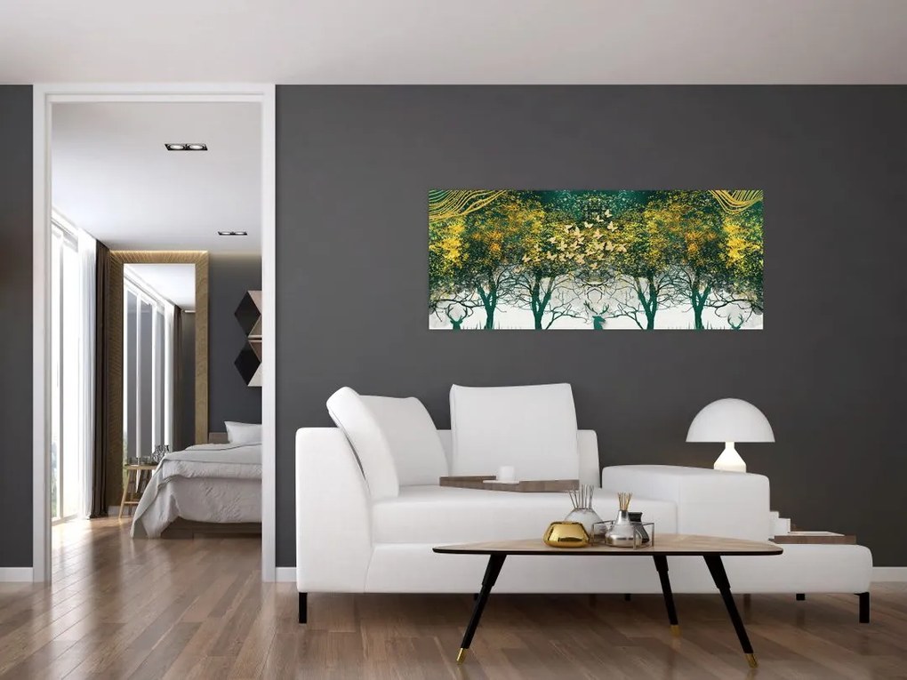 Tablou - Căprioare în pădurea verde (120x50 cm)