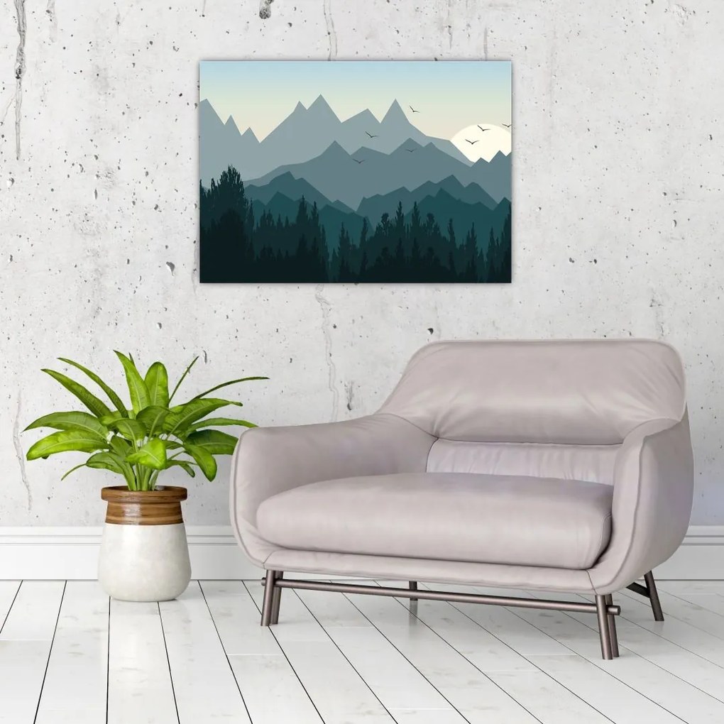 Tablou pe sticlă - Munții cu privirea graficeanului (70x50 cm)