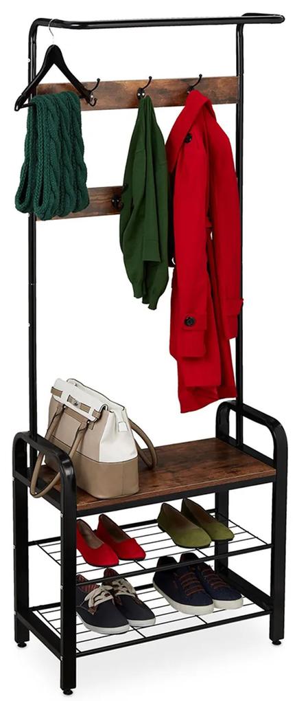 Cuier pentru haine cu banca si  2 rafturi  pantofi  7 agatatori bara pentru umerase design industrial