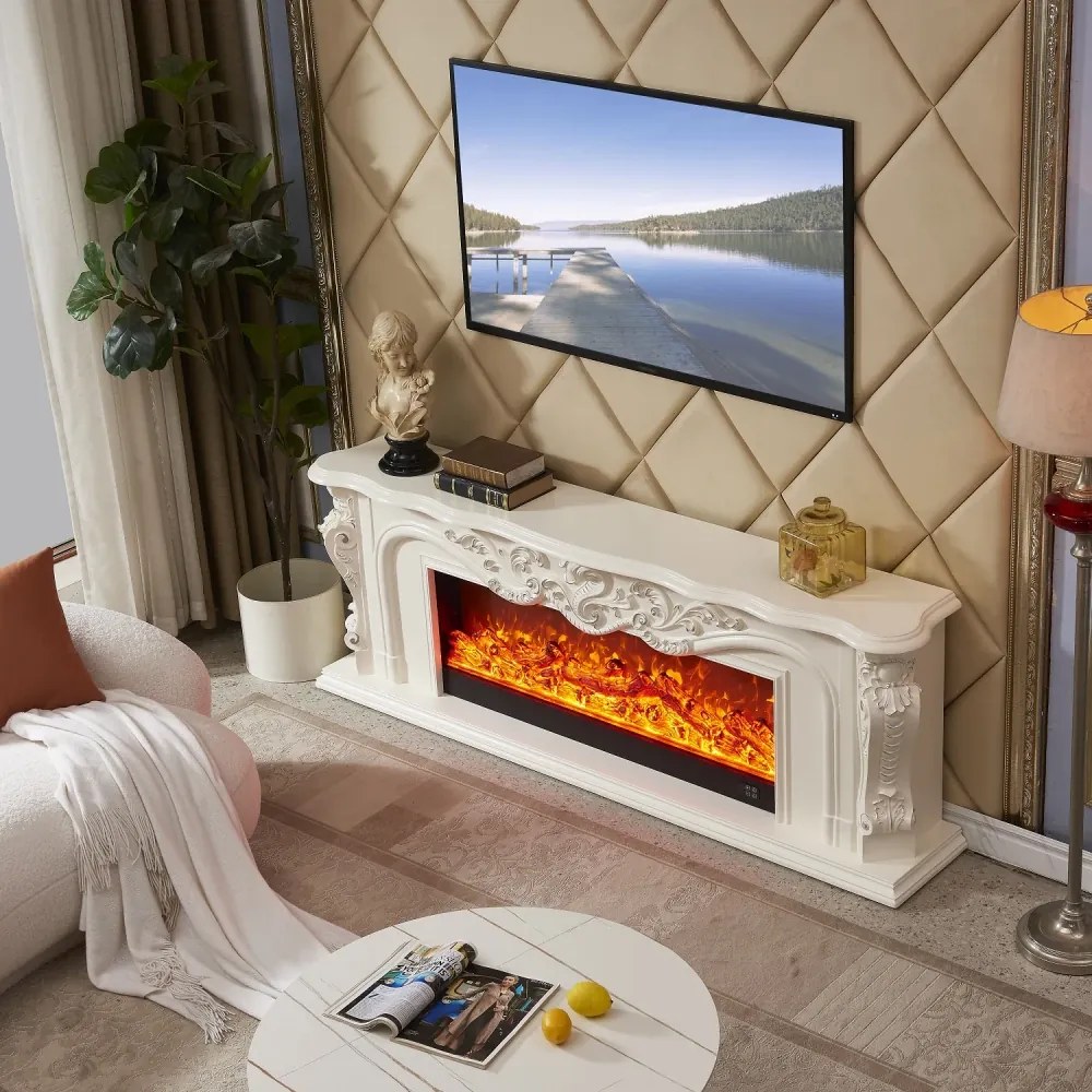 Șemineu electric cu efect LED realist cu 12 culori, Comodă TV, design clasic elegant, control vocal și telecomandă, fără încălzire, 200 cm, Alb