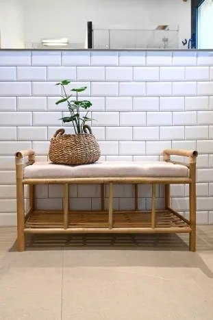 Banchetă cu spătar din bambus natural și bumbac, 100×44×54 cm, „Bamboo"