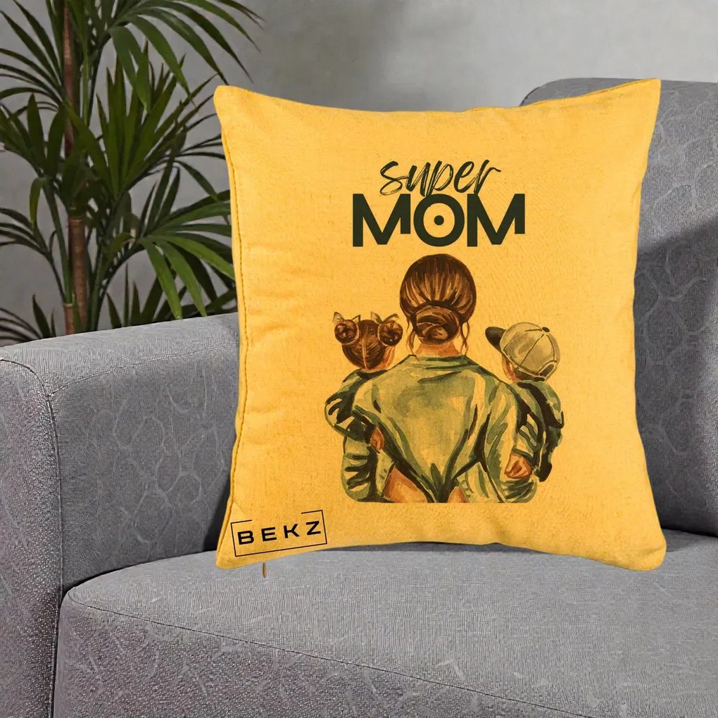Cadou pentru Mama - Perna Personalizata Super Mom, 40x40 cm, Galben, Husa Detasabila, Perna Inclusa, BEKZ®