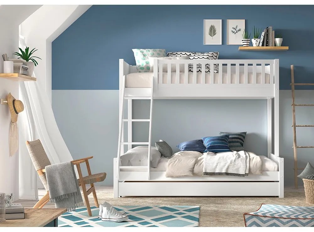 Pat pentru copii alb supraetajat din lemn masiv de pin cu spațiu de depozitare 140x200/90x200 cm SCOTT – Vipack