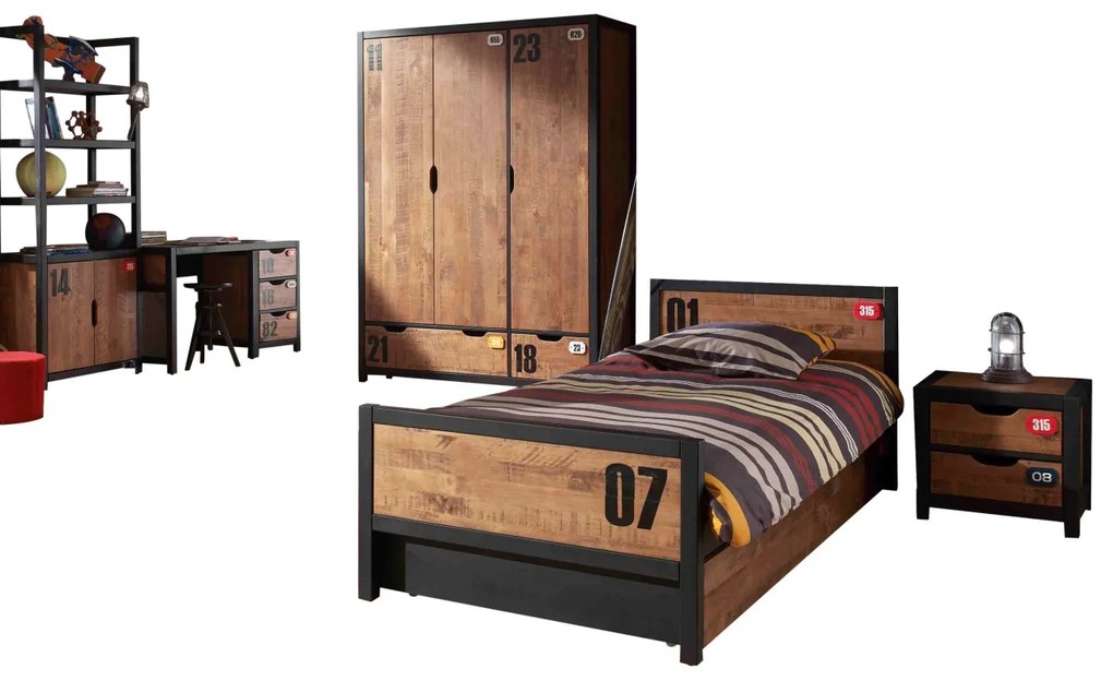 Set Mobilier Cameră Copii ALEX, 5 Piese, Pat 90x200 cm, Pin Masiv – Vipack