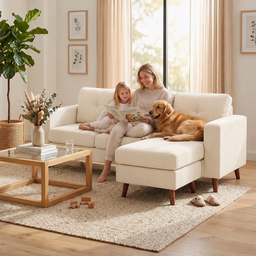 HOMCOM Canapea colțar 192 cm în formă de L, canapea 3 locuri cu chaise-longue reversibilă, aspect cord, pentru spații mici, alb crem | Aosom Romania