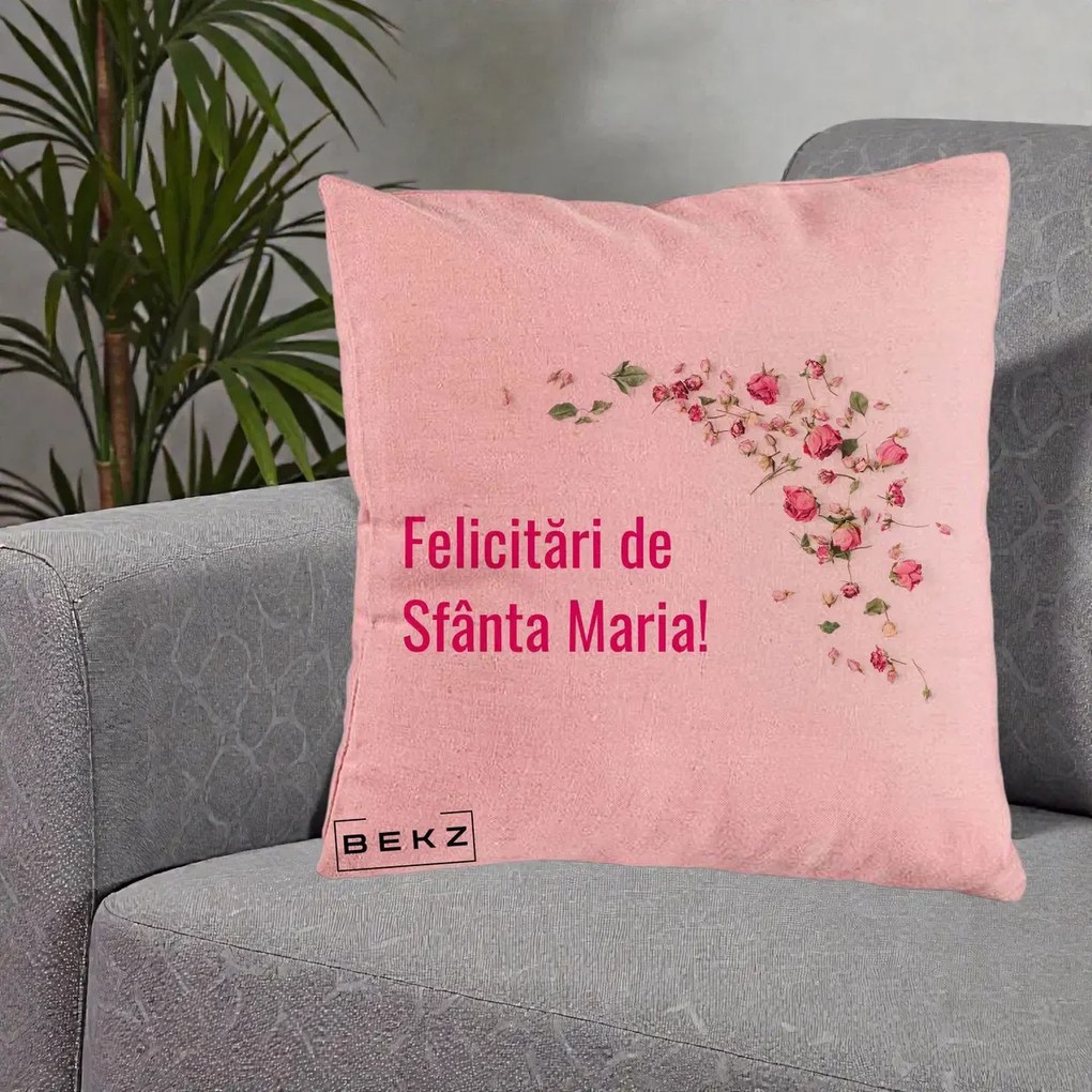 Cadou de Onomastica - Perna Personalizata Felicitari de Sfanta Maria, 40x40 cm, Roz, Husa Detasabila, Perna Inclusa, BEKZ®