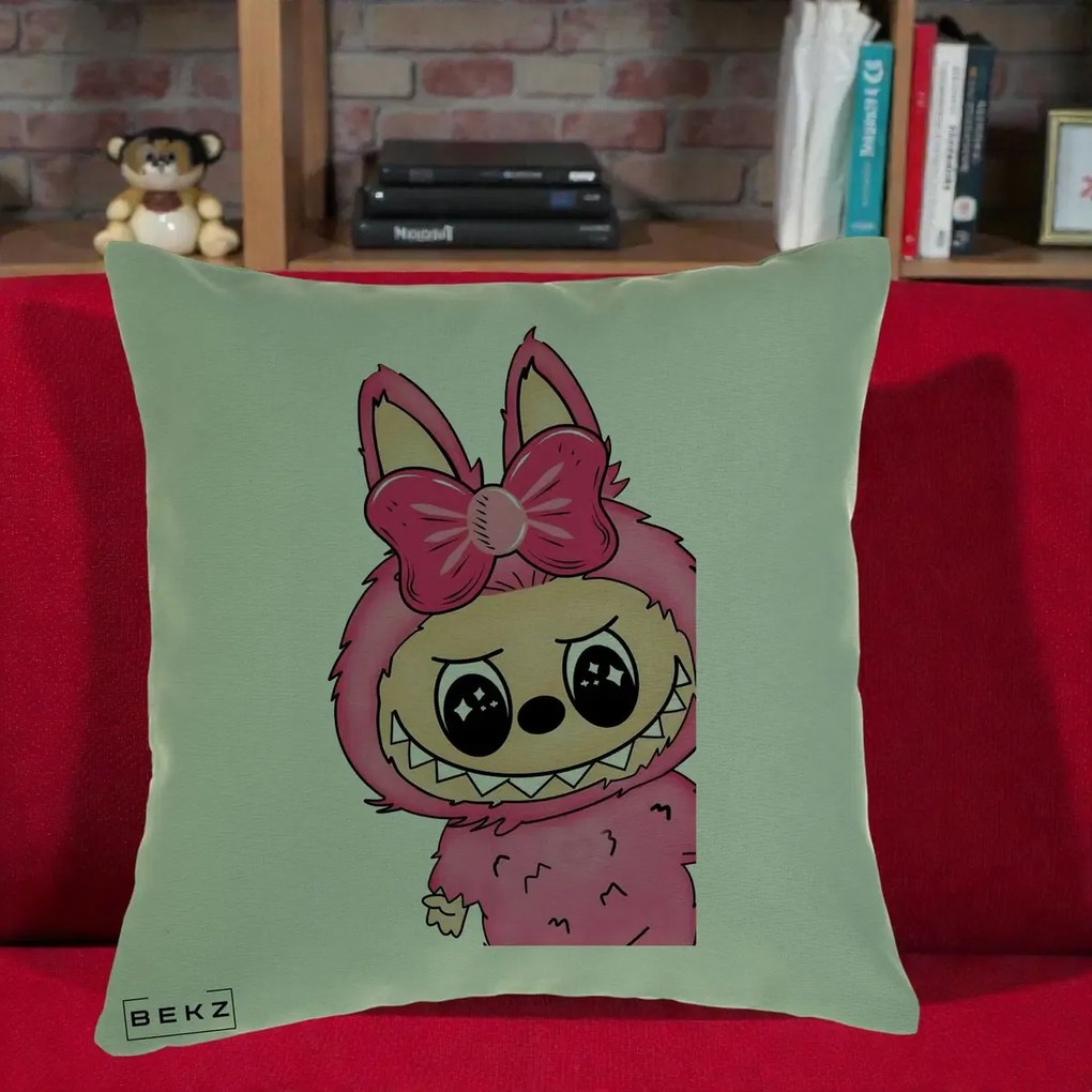 Perna Personalizata Labubu Roz cu Funda, 40x40 cm, Verde, Husa Detasabila, Perna Inclusa, BEKZ®