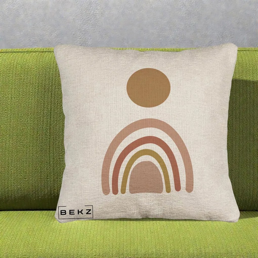 Perna Decorativa Boho Rainbow Sun, 40x40 cm, Bej Canapea, Husa Detasabila, Perna Inclusa, BEKZ®