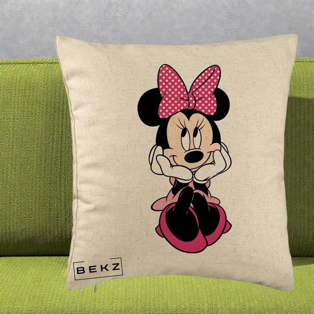 Perna Personalizata Minnie Mouse cu Fundita, 40x40 cm, Bej, Husa Detasabila, Perna Inclusa, BEKZ®