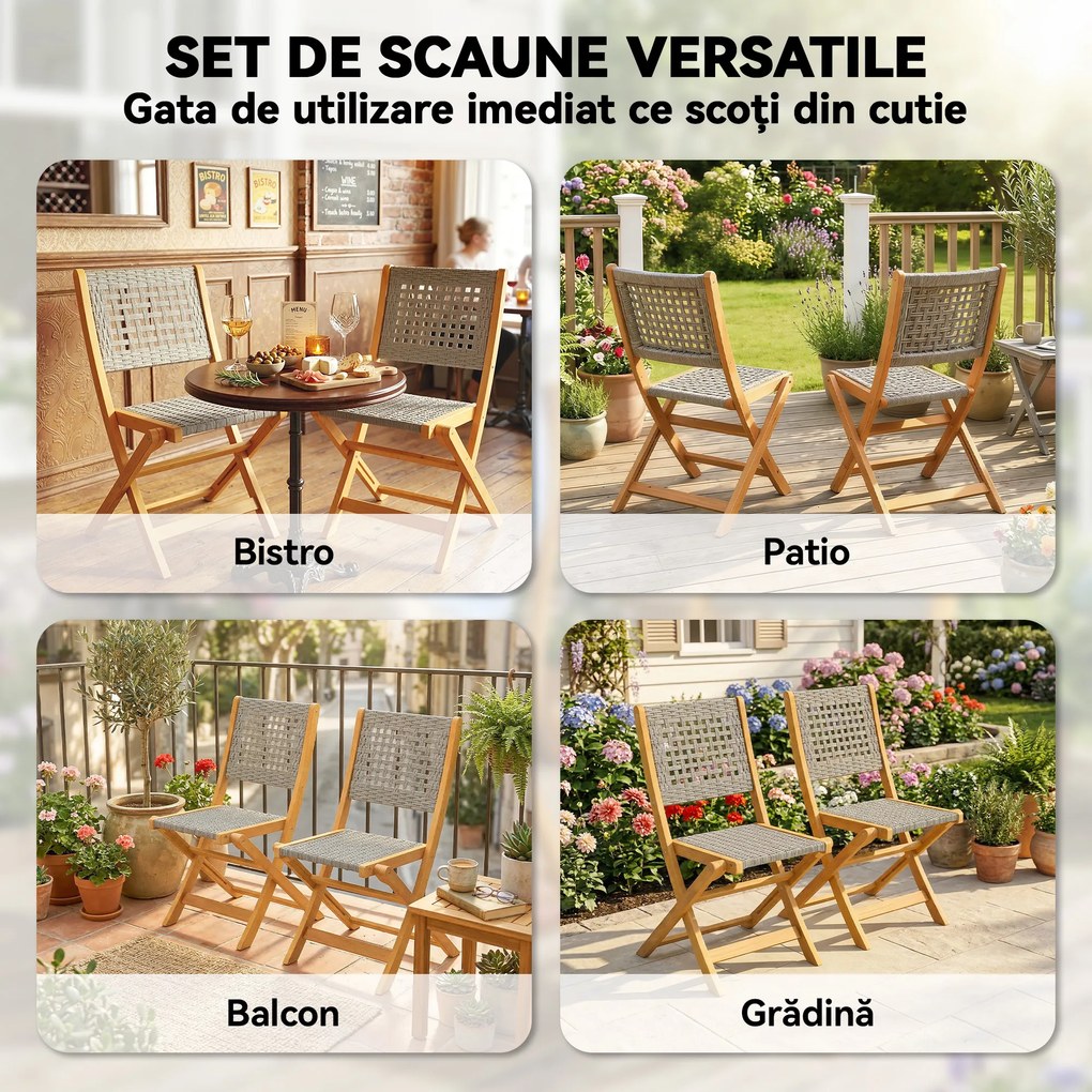 Outsunny Set de 2 Scaune de Grădină din Ratan PE, Scaune Pliabile de Exterior, Structură din Lemn de Salcâm, pentru Balcon, Terasă, Suport până la 160 kg, Gri | Aosom Romania