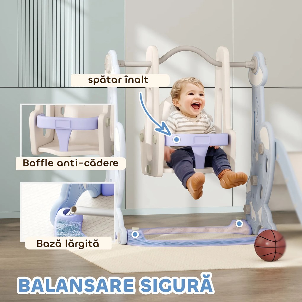 AIYAPLAY Tobogan pentru Copii 4 în 1 cu Scară de Cățărare și Coș de Baschet, 147.5x160x107 cm, Albastru Deschis | Aosom Romania