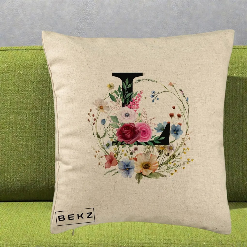 Cadou Personalizat - Perna Personalizata Monogram Litera L cu Flori Acuarela, 40x40 cm, Bej, Husa Detasabila, Perna Inclusa, BEKZ®