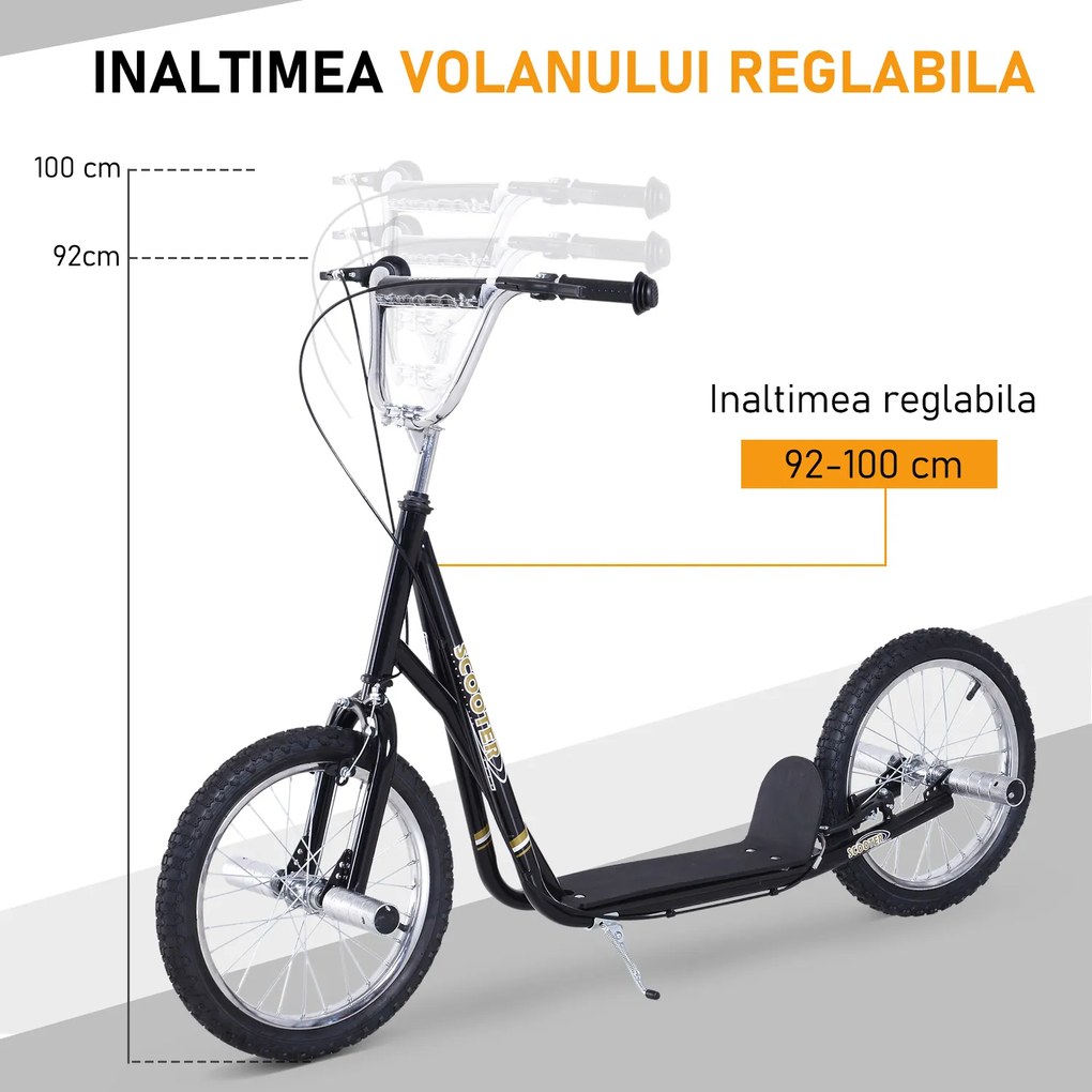 HOMCOM Trotinetă pentru Copii 5+, Roți Mari de 16", Înălțime Reglabilă, Frâne și Suport, Negru | Aosom Romania