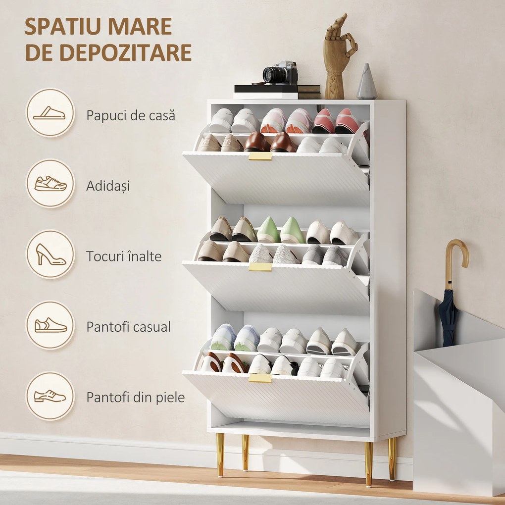HOMCOM Dulap de pantofi pentru 18 perechi de pantofi cu 3 sertare rabatabile Alb | Aosom Romania