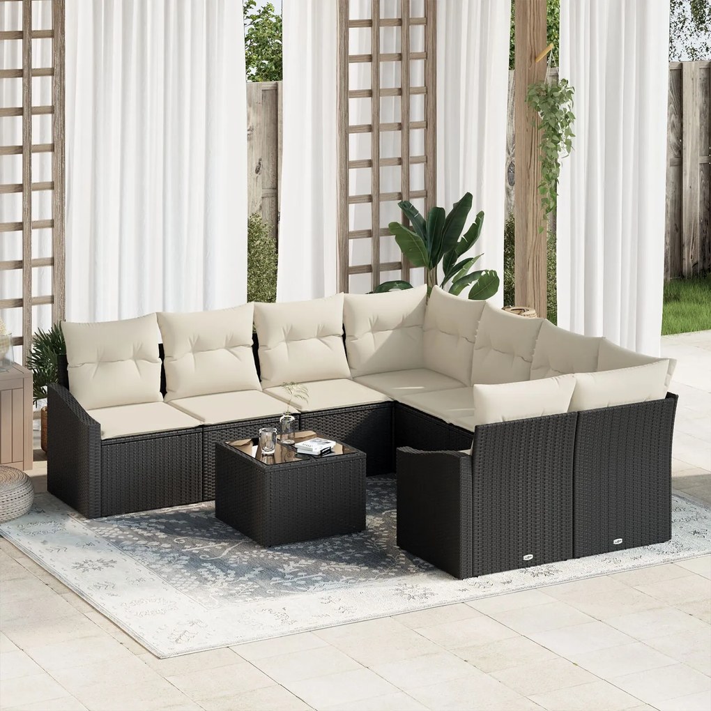 vidaXL Set de canapele pentru grădină cu pernă 9 pcs Negru și Crem