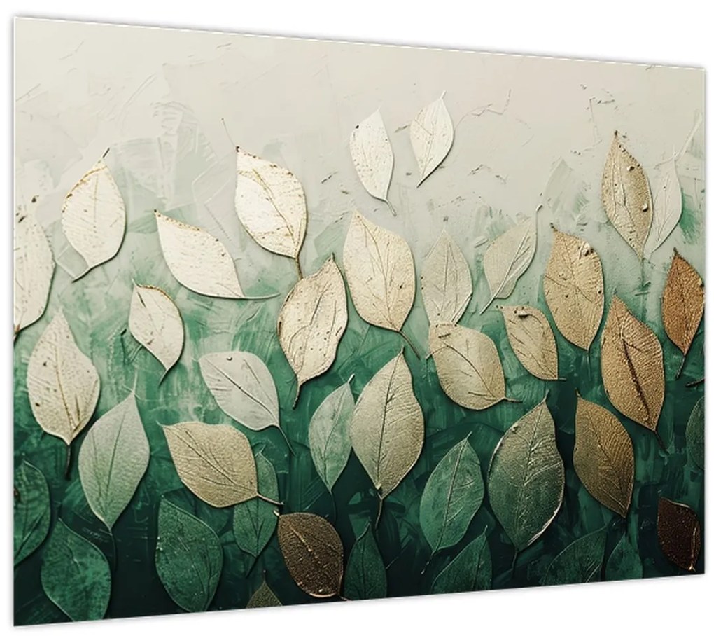 Tablou pe sticlă - Frunze verzi-aurii (70x50 cm)