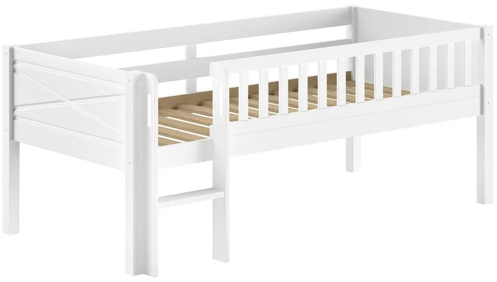 Pat semi-supraetajat pentru copii SCOTT, alb, 90 x 200 cm, din pin scandinav masiv, cu scară, opțional cu sertare pentru depozitare – Vipack