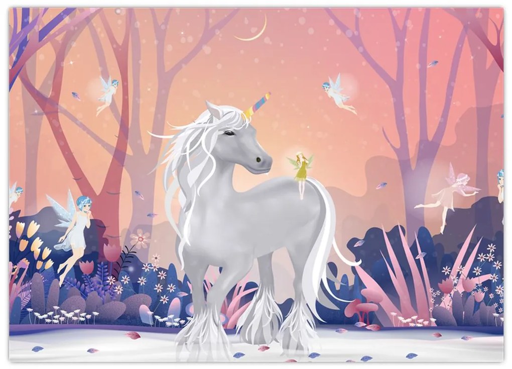 Tablou pe sticlă - Unicorn în pădurea fermecată (70x50 cm)