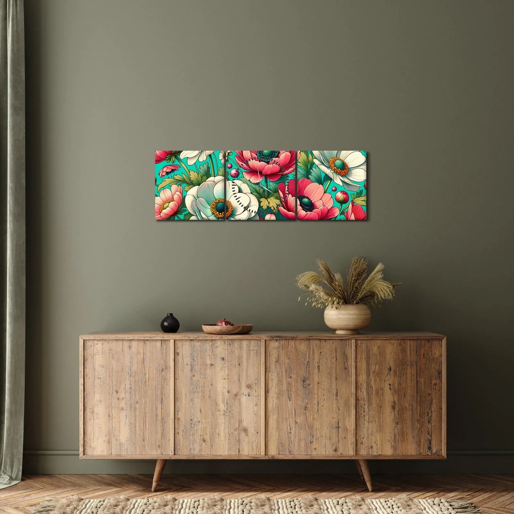 Tablou - Flori pe fundal albastru (cu ceas) (90x30 cm)