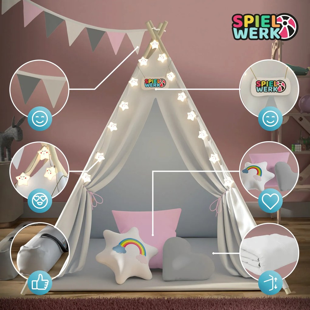 Cort tip teepee pentru copii JULIA, 160x120x120cm, bej/roz Spielwerk