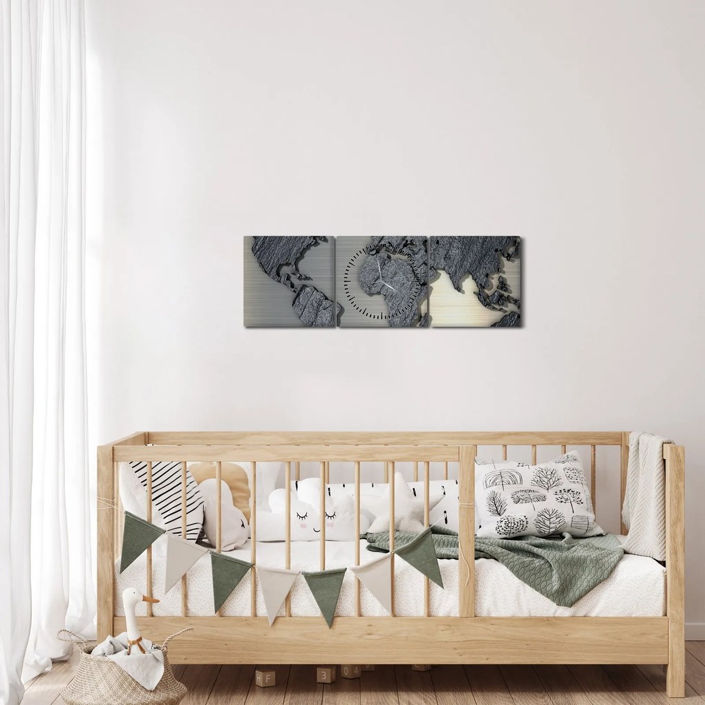 Tablou - Harta lumii în textura de piatră (cu ceas) (90x30 cm)