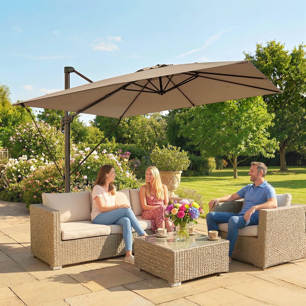 Outsunny Umbrelă de Grădină Offset cu Manivelă 3x3m Inclinabilă, Rotativă 360°, cu Bază în Cruce și Husă, din Aluminiu, pentru Terasă Piscină, UV30+, Bej | Aosom Romania