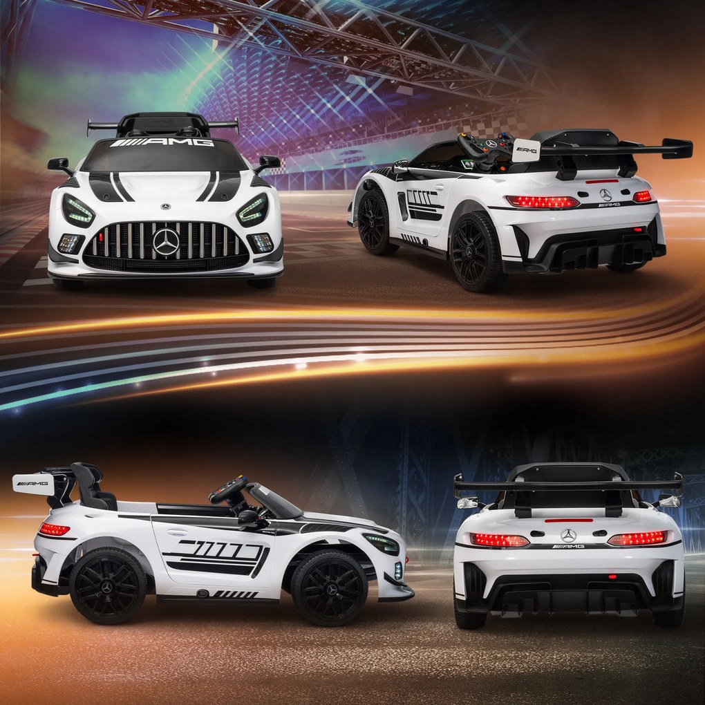 AIYAPLAY Mașinuță Electrică pentru Copii 3-8 Ani Mercedes-AMG 12V cu Telecomandă, Lumini LED, Roți de Transport, Alb | Aosom Romania