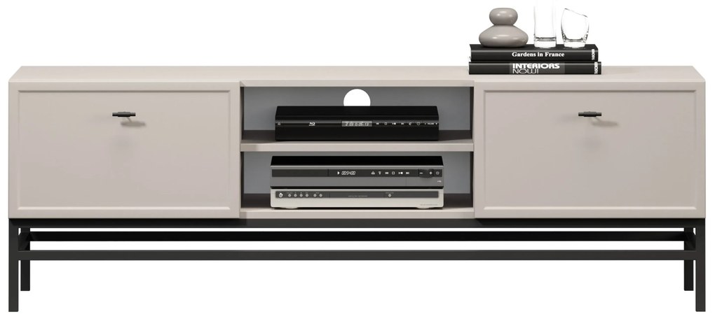 Comodă TV Lorini 150 cm cu sertare - culoare cașmir / mânere tip T-bar și cadru negre