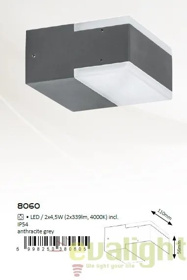 Aplica de perete moderna LED cu protectie IP54, finisaj antracit gri, Bona 8060 RX