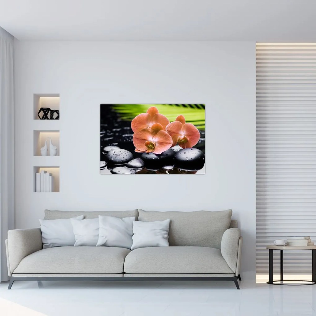 Tablou - Orhidee portocalie cu frunze de palmier (90x60 cm)