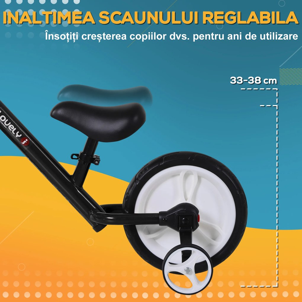 HOMCOM Bicicletă Fără Pedale Copii 2-5 Ani cu Șa Reglabilă, Roți și Pedale Negru | Aosom Romania