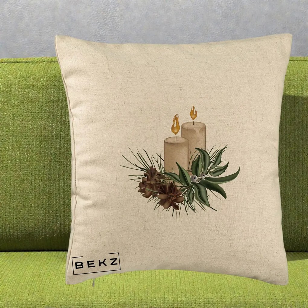 Perna Decorativa Lumanari cu Ilex si Conuri Ilustratie, 40x40 cm, Bej, Husa Detasabila, Perna Inclusa, BEKZ®