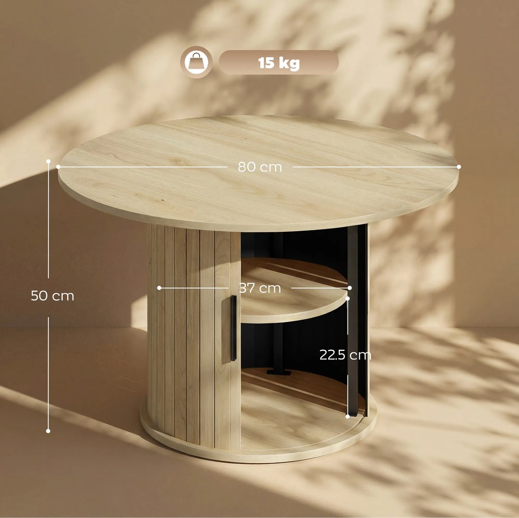 HOMCOM Masă de cafea rotundă, masă pentru living cu depozitare, ușă glisantă cu lamele, 2 rafturi, efect lemn natural | Aosom Romania