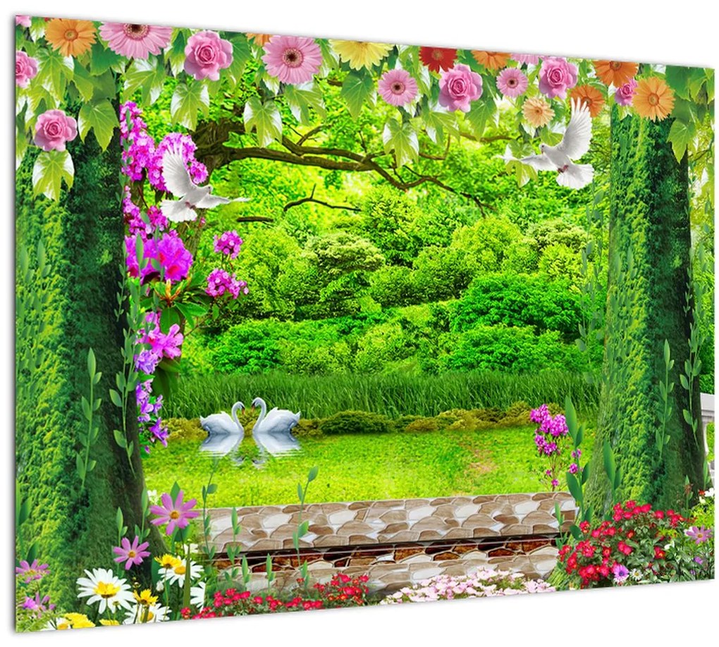 Tablou pe sticlă - Grădina magică cu lebede (70x50 cm)
