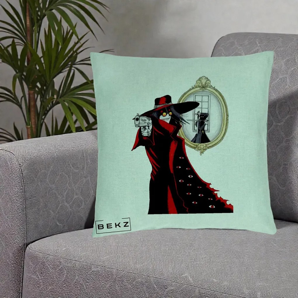 Perna Personalizata Hellsing Alucard cu Pistoale, 40x40 cm, Verde Menta, Husa Detasabila, Perna Inclusa, BEKZ®