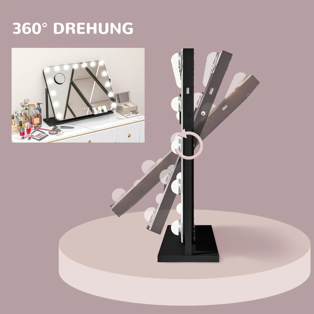 HOMCOM Oglindă cosmetică cu LED-uri, 3 moduri de lumină, reglabilă, control tactil, USB, 62,5x49,5 cm, negru | Aosom Romania