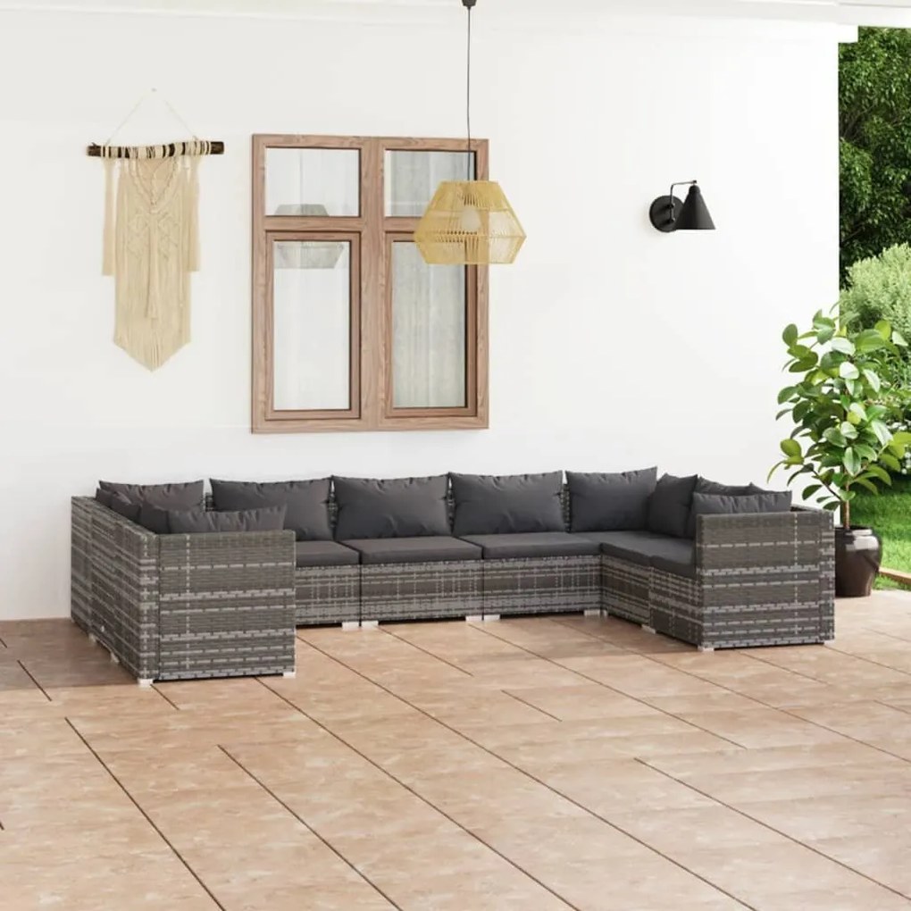 Set mobilier de gradina cu perne, 9 piese, gri, poliratan