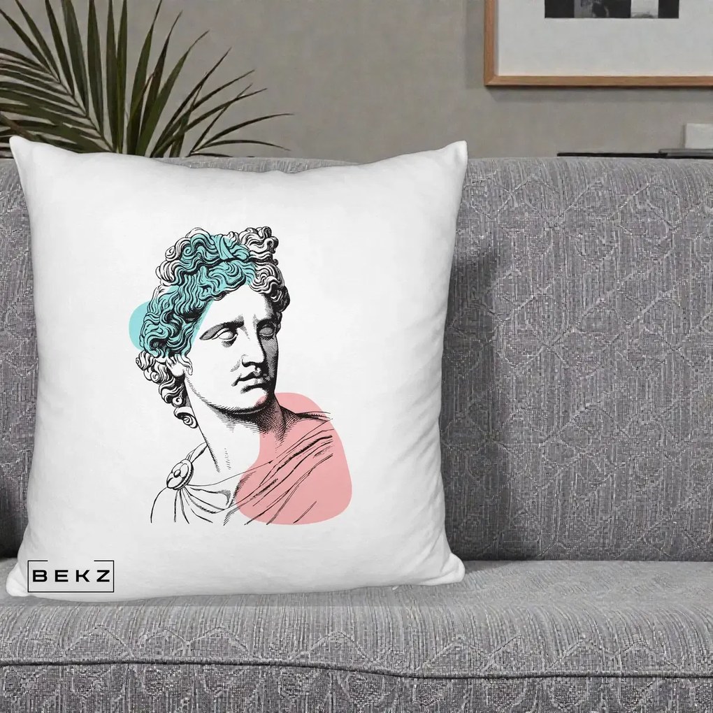 Perna Decorativa Bust Grec Vaporwave, 40x40 cm, Alb Pufos, Husa Detasabila, Perna Inclusa, BEKZ®