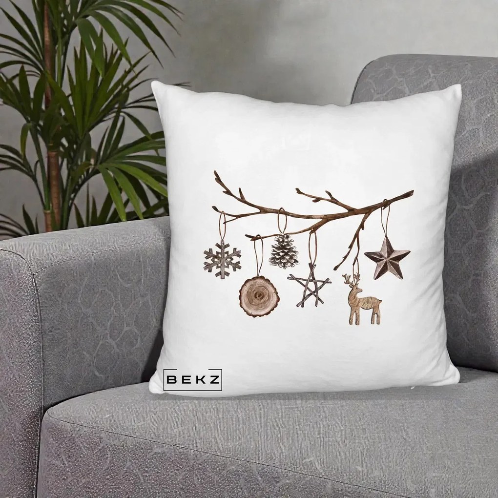 Perna Decorativa Ornamente de Lemn pe Ramura, 40x40 cm, Alb Pufos, Husa Detasabila, Perna Inclusa, BEKZ®