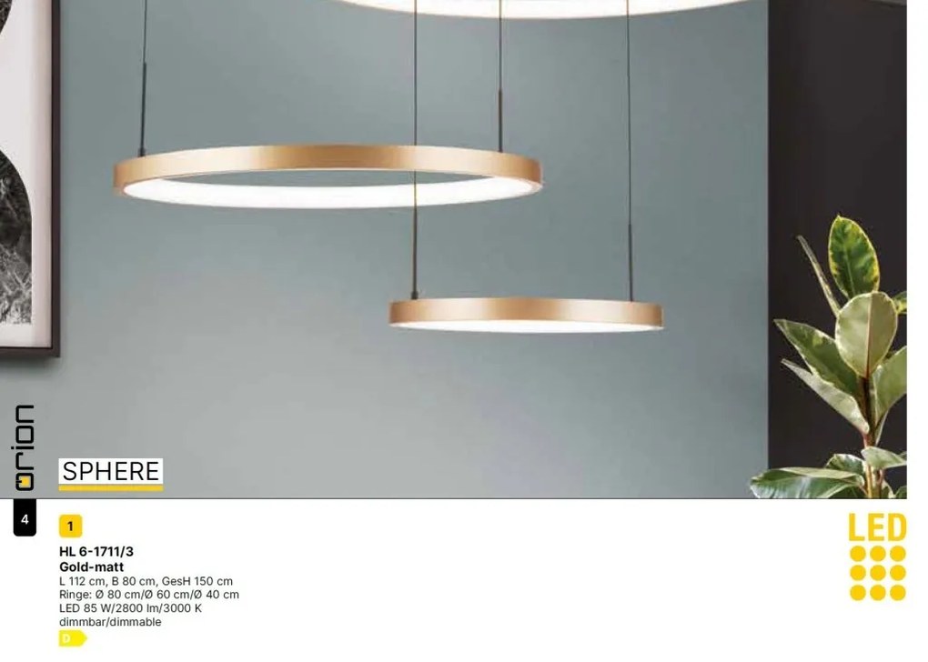 Lustra LED suspendata cu 3 inele SPHERE aurie