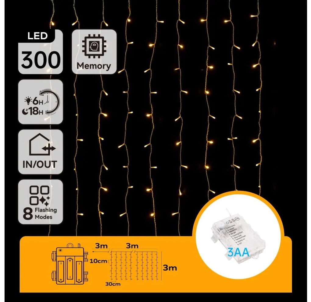 Aigostar - LED Instalație luminoasă de Crăciun pentru exterior 300xLED/8 funcții 3xAA 6x3m IP44 alb cald