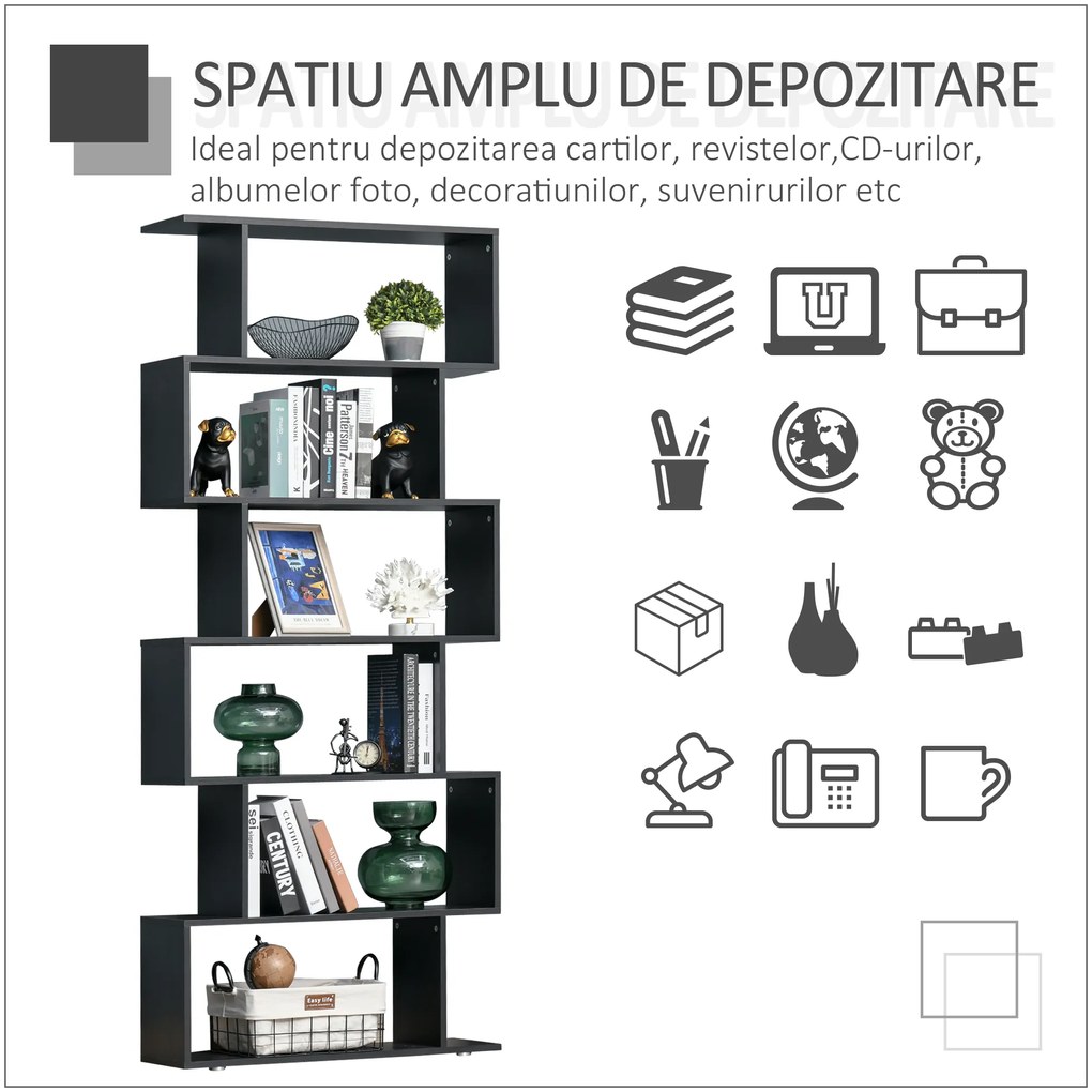 HOMCOM Bibliotecă Modernă cu 6 Rafturi, Design Zig-Zag, Lemn Rezistent, Ușor de Curățat, Negru, 80x24x191 cm | Aosom Romania