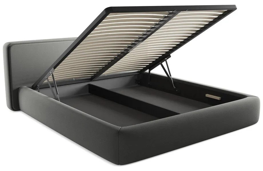 Pat matrimonial gri tapițat cu spațiu de depozitare cu somieră 180x200 cm Kiana – Makamii