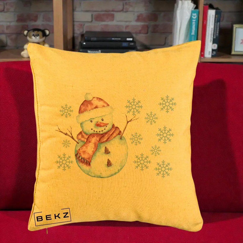 Perna Decorativa Om de Zapada Rosu cu Fulgi, 40x40 cm, Galben, Husa Detasabila, Perna Inclusa, BEKZ®