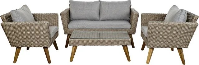Set lounge exterior din rattan sintetic și structură din lemn și oțel cu canapea, 2 fotolii, masă și perne, finisaj bej-gri, „Zahara